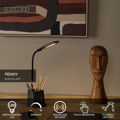 Lucide PENNY - Bureaulamp - LED Dimb. - 1x4,7W 3000K - Met draadloze oplader - Zwart